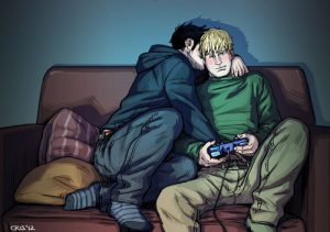 In this Yaoi Art a blond Bara boy is playing video games as his friend kisses him and grabs his dick through his pants