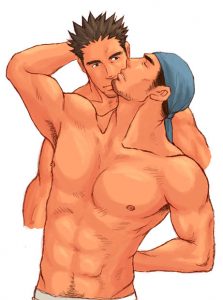 A sweet romantic pic of a Yaoi Bara couple embracing and kissing passionately