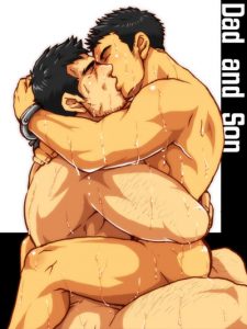 Two Bara men are in love and as he rides his dick they kiss passionately in a Yaoi pic