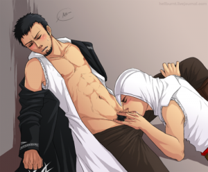 An assassin gives a passionate blowjob to his buddy in this Yaoi Bara scene pic