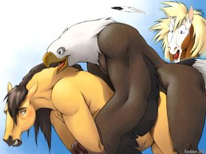 A yaoi furry bald eagle is fucking a horse from behind