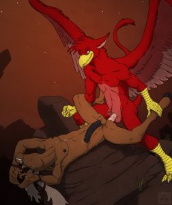 A red furry yaoi bird has his way with a horse spread legs