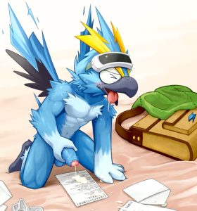 A blue yaoi furry bird is jacking off and cumming