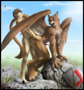 Strange yaoi furry creatures with wings having sex on the rocks
