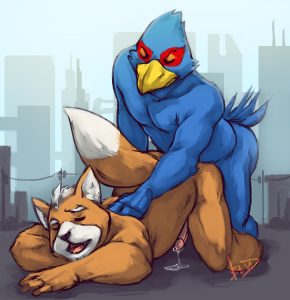 A yaoi furry bluebird is fucking a fox in its asshole