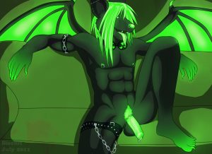 neon green furry bat has his tongue out and poses his big dick hanging