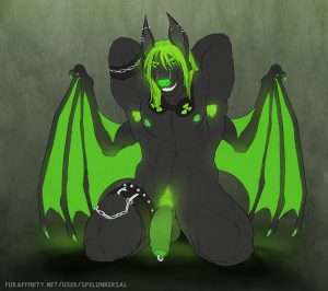 sexy radioactive neon green furry bat on his knees posing with his dick out