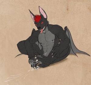 black furry bat uses feet to jack off and cum
